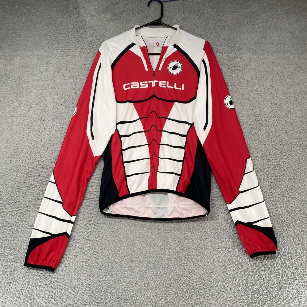 Castelli Cycling Jersey Mens Large Red White Graphic Long Sleeve 1/4 Zip Pockets